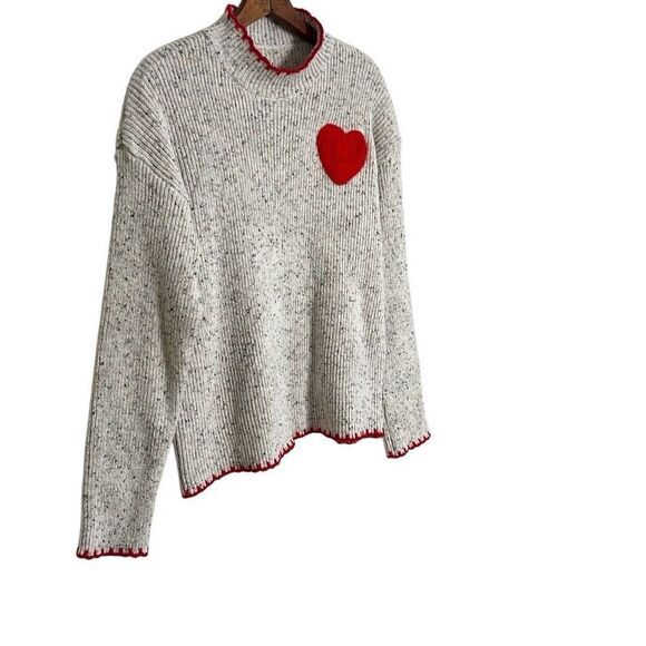 Mock Neck Speckled Ribbed Crochet Heart Pullover Sweater Light Gray Red Medium - Picture 2 of 7